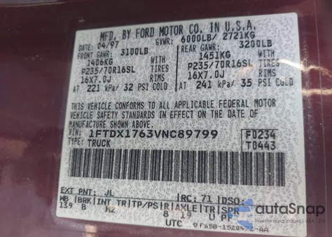 1997 Ford F-150 Lariat/Standard/Xl/Xlt из США, поврежденный, VIN 1FTDX1763VNC89799